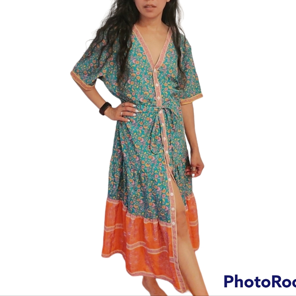 Boho Green Orange Yellow Floral Drawstring Waist Buttonfront Dress
